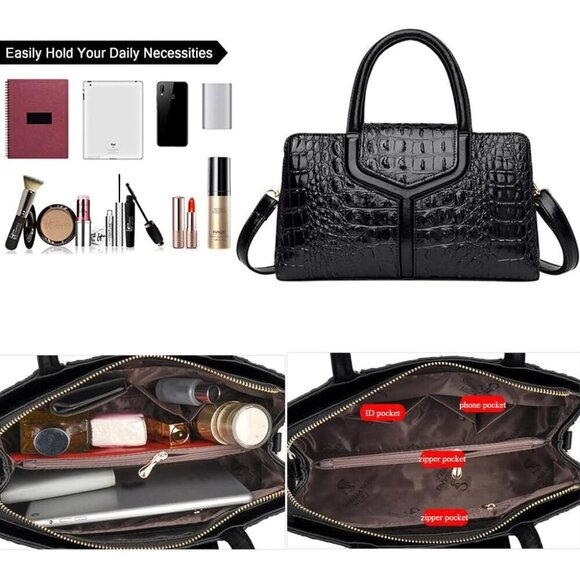 🆕Women's Black Handle Purse Crocodile Faux Leather Tote Zipper Shoulder Bag - Picture 6 of 7